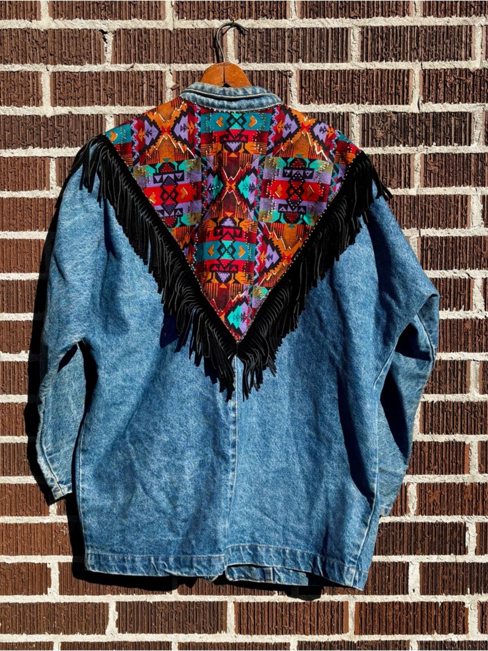 Vintage Denim Jacket with Colorful Aztec Pattern and Black Fringe - Picture 2 of 5